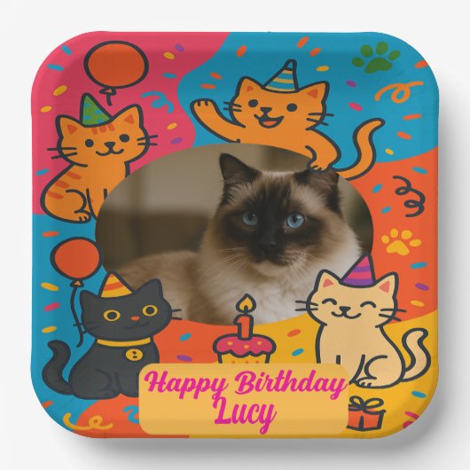 Bunter Katzengeburtstag mit individuellem Foto & N Pappteller (Vorderseite)