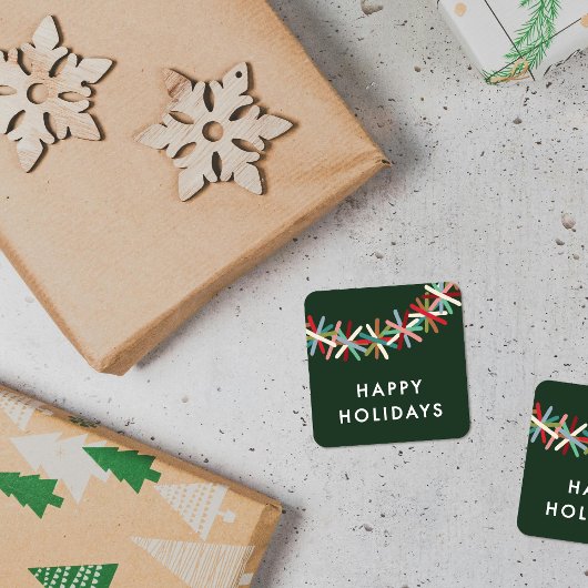 Bunter Lametta-Girlande-Frohe-Feiertage-Aufkleber Quadratischer Aufkleber