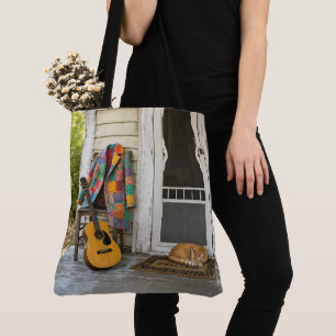 Bunter Mantel mit Gitarre und Katze Tasche