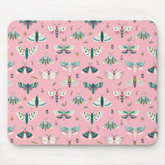 Bunter Mottengarten- rosa Muster mit Faltern Mousepad (Vorne)