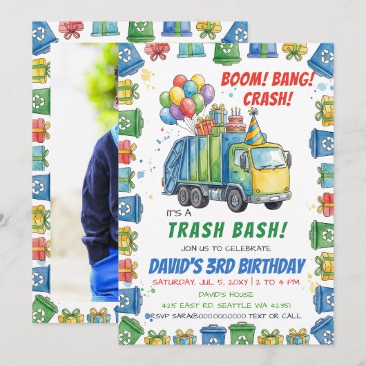 Bunter Müll Bash Müllwagen Geburtstag Einladung (Vorne/Hinten)