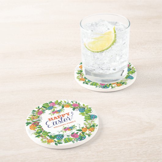 Bunter Osterkranz mit Eiern und Frühlingsblumen Sandstein Untersetzer (Seite)