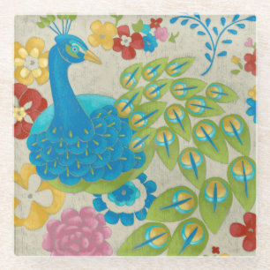 Bunter Pfau und Blumen Glasuntersetzer