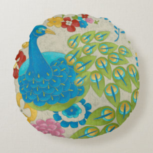Bunter Pfau und Blumen Rundes Kissen