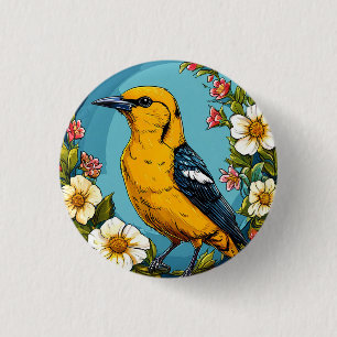 Bunter Pirol-Vogel zwischen blühenden Blumen Button
