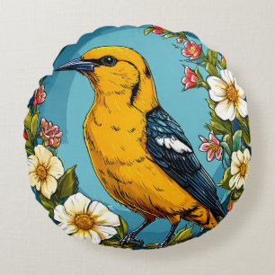 Bunter Pirol-Vogel zwischen blühenden Blumen Rundes Kissen