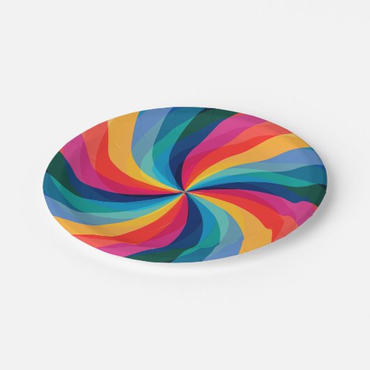 Bunter Regenbogen-Strudel Pappteller (Schrägansicht)