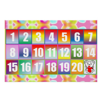 Bunter Regenbogen-Zahlenposter 1–20 mit süßem Bäre Poster