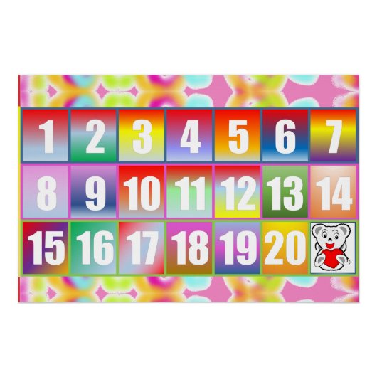 Bunter Regenbogen-Zahlenposter 1–20 mit süßem Bäre Poster (Vorderseite)
