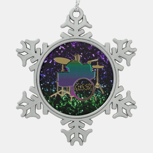 Bunter Schlagzeuger auf Glitzer-Musik-Verzierung Schneeflocken Zinn-Ornament (Vorderseite)