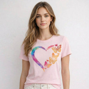Bunter Schmetterling Herz Damen T-Shirt in Slim Fi