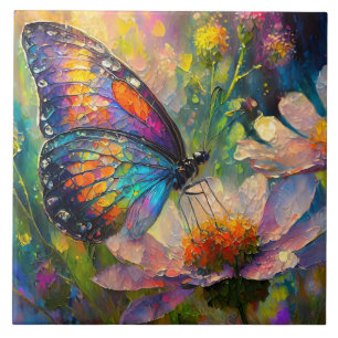 Bunter Schmetterling und Wildblumen bei Sonnenaufg Fliese