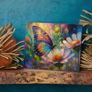 Bunter Schmetterling und Wildblumen bei Sonnenaufg Fotoplatte