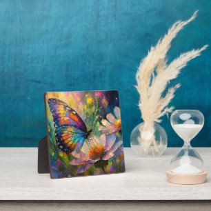 Bunter Schmetterling und Wildblumen bei Sonnenaufg Fotoplatte