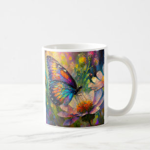 Bunter Schmetterling und Wildblumen bei Sonnenaufg Kaffeetasse