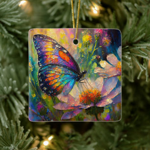 Bunter Schmetterling und Wildblumen bei Sonnenaufg Keramikornament