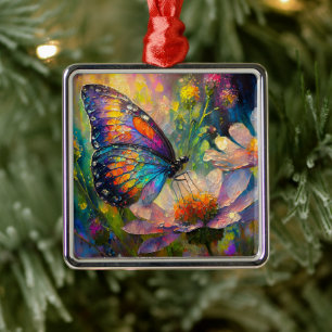 Bunter Schmetterling und Wildblumen bei Sonnenaufg Ornament Aus Metall