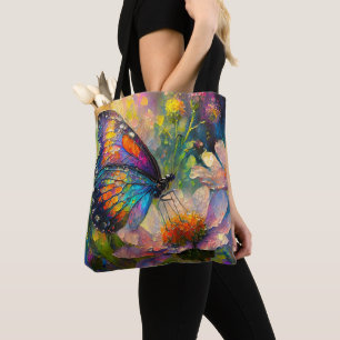 Bunter Schmetterling und Wildblumen bei Sonnenaufg Tasche