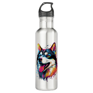 bunter sibirischer Husky-Hund im PopArt-Stil Edelstahlflasche