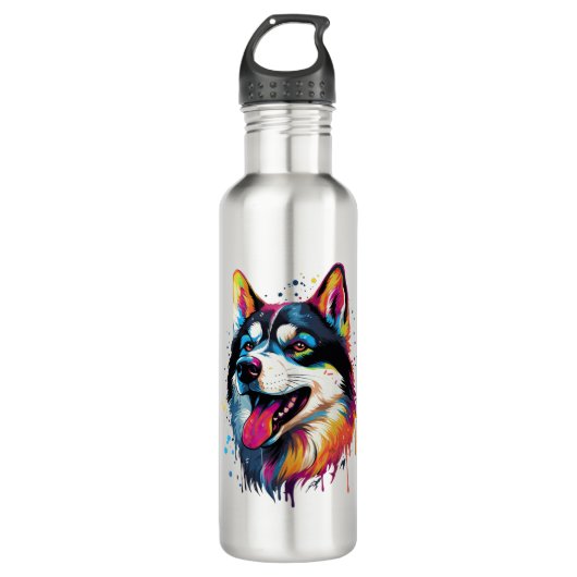 bunter sibirischer Husky-Hund im PopArt-Stil Edelstahlflasche (Vorderseite)