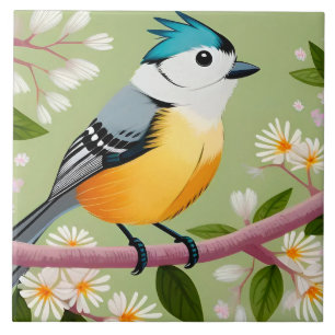 Bunter Singvogel auf blühendem Ast Fliese