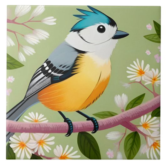 Bunter Singvogel auf blühendem Ast Fliese (Vorderseite)