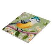 Bunter Singvogel auf blühendem Ast Fliese (Seite)