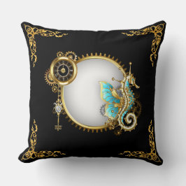 Bunter Steampunk-Seepferd auf Weiß und Gold Kissen