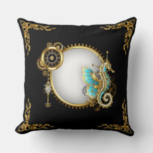 Bunter Steampunk-Seepferd auf Weiß und Gold Kissen
