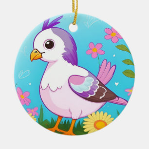 Bunter Vogel auf Ast gerahmt mit Blumen Keramik Ornament
