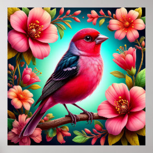Bunter Vogel auf Ast sitzend Natur Kunst Poster