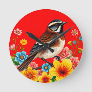 Bunter Vogel auf Blumen sitzend Runde Wanduhr