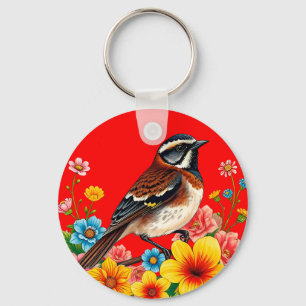 Bunter Vogel auf Blumen sitzend Schlüsselanhänger