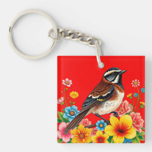Bunter Vogel auf Blumen sitzend Schlüsselanhänger