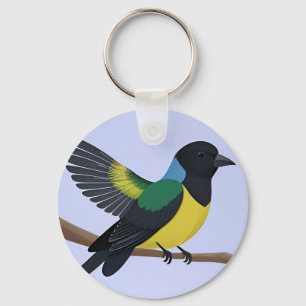 Bunter Vogel auf einem Holzpfosten sitzend Schlüsselanhänger