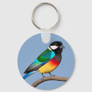 Bunter Vogel auf einem Holzpfosten sitzend Schlüsselanhänger