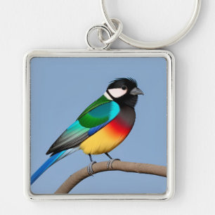 Bunter Vogel auf einem Holzpfosten sitzend Schlüsselanhänger