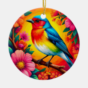 Bunter Vogel auf lebendigen Blumen sitzend Keramik Ornament