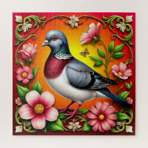 Bunter Vogel auf lebendigen Blumen sitzend Puzzle