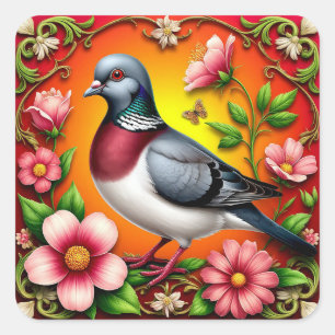 Bunter Vogel auf lebendigen Blumen sitzend Quadratischer Aufkleber