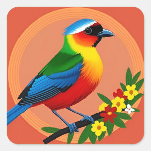 Bunter Vogel auf lebendigen Blumen sitzend Quadratischer Aufkleber