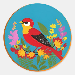 Bunter Vogel auf lebendigen Blumen sitzend Runder Aufkleber