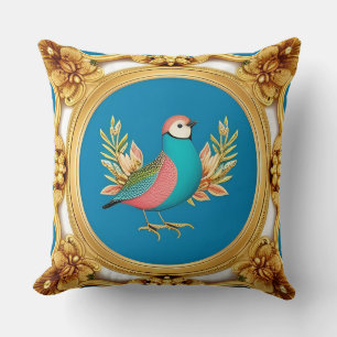 Bunter Vogel in einem aufwendigen goldenen Rahmen Kissen