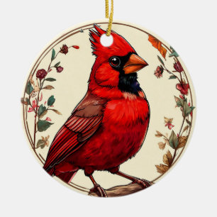 Bunter Vogel mit floralem Rahmen Keramik Ornament