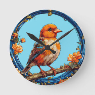 Bunter Vogel mit floralem Rahmen Runde Wanduhr