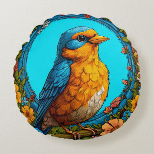 Bunter Vogel mit floralem Rahmen Rundes Kissen