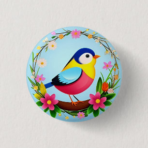 Bunter Vogel umgeben von Blumenkranz Button