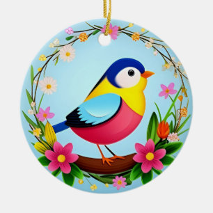 Bunter Vogel umgeben von Blumenkranz Keramik Ornament