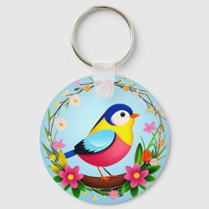 Bunter Vogel umgeben von Blumenkranz Schlüsselanhänger