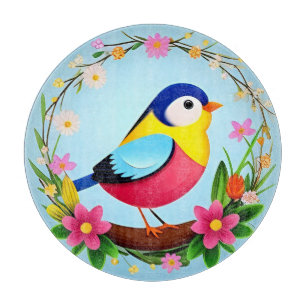 Bunter Vogel umgeben von einem Blumenkranz Schneidebrett